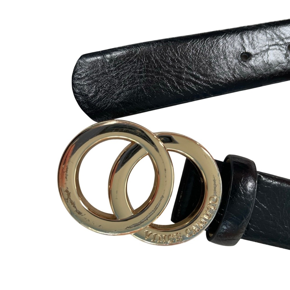 Vince Camuto Belt Womens Large Black Faux Leather Gold Tone‎ Double Ring Buckle